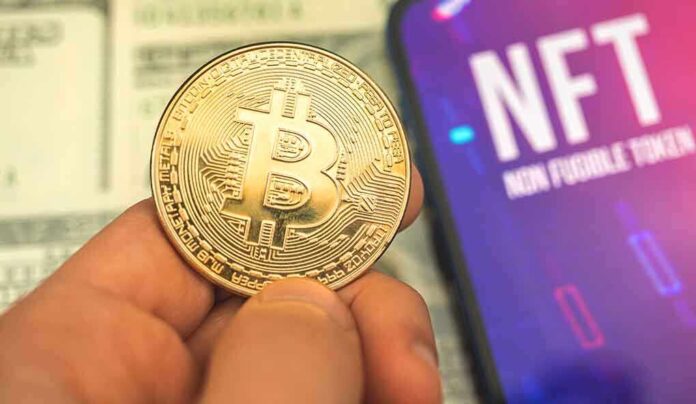 Bitcoin featured image Person holding Bitcoin coin NFT text on screen
