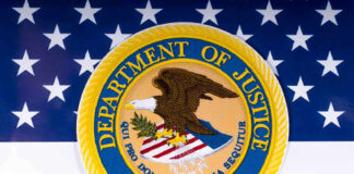 Department of Justice seal on American flag background