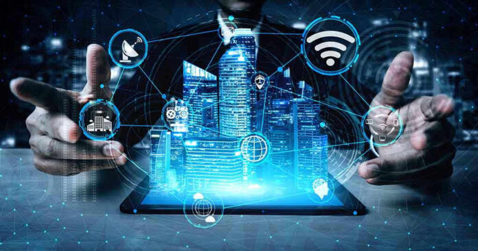 Holographic city above tablet with technology icons