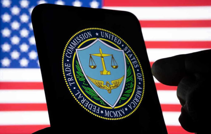 FTC logo on smartphone with American flag background