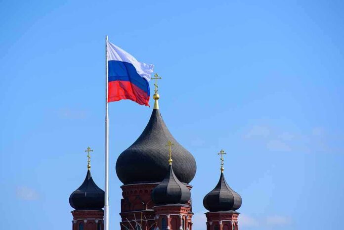 Russian flag next to church domes