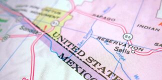 Close-up of a map showing the United States and Mexico border