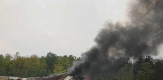 A train derailment scene with smoke rising from the wreckage
