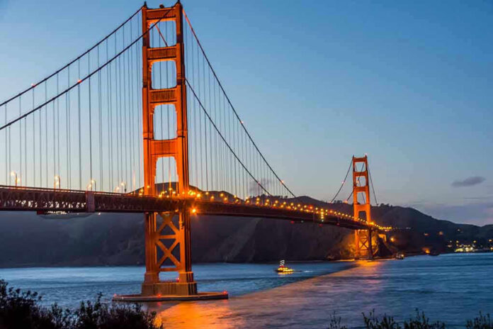 Golden Gate Bridge at dusk with lights on