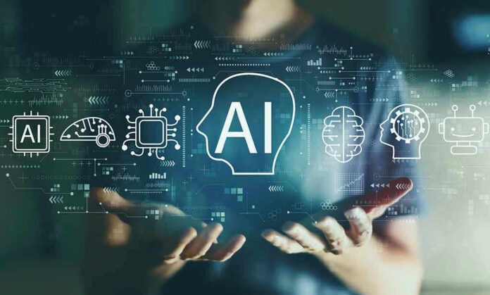 Person holding virtual icons related to artificial intelligence.