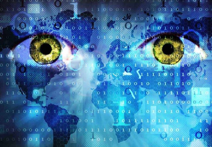 Abstract image featuring human eyes overlaid with binary code and a world map