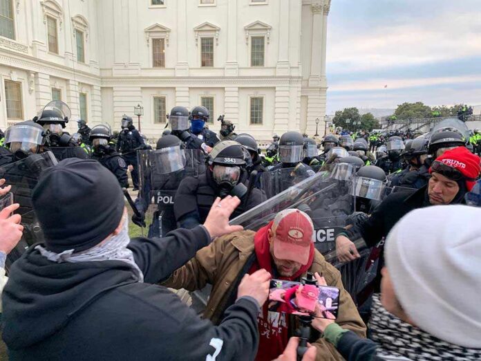 A tense standoff between protesters and police at a demonstration