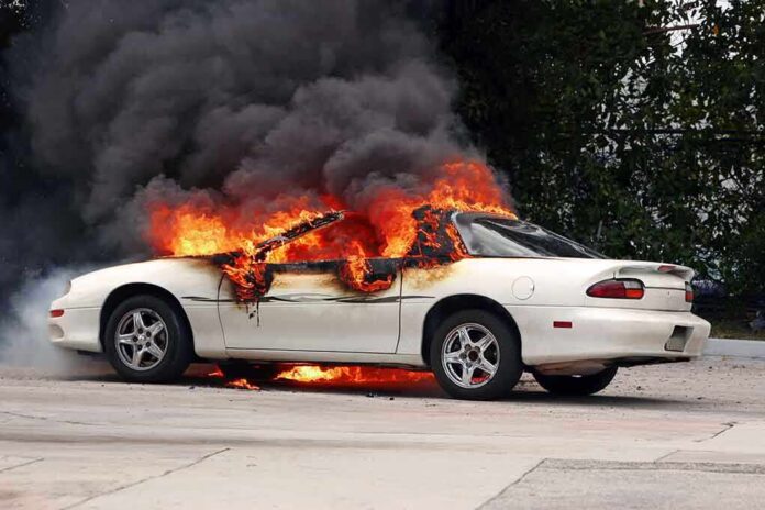 A white car engulfed in flames with thick black smoke rising