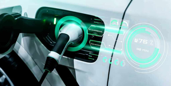 Electric car charging with futuristic display interface.