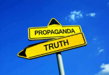Yellow signs: Propaganda left, Truth right. Blue sky background.