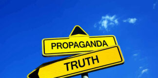 Yellow signs: Propaganda left, Truth right. Blue sky background.