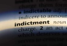 Close-up of a dictionary page showing the definition of 'indictment'