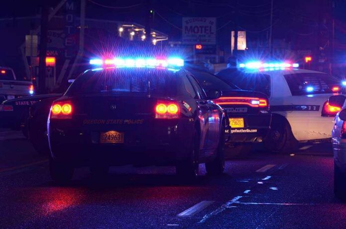 Police cars with flashing lights at a nighttime scene near a motel