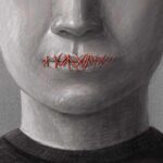 A human figure with stitched lips, symbolizing silence or repression