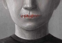 A human figure with stitched lips, symbolizing silence or repression