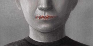 A human figure with stitched lips, symbolizing silence or repression
