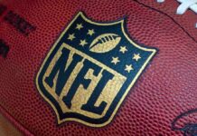 Close-up of an NFL football with the logo prominently displayed