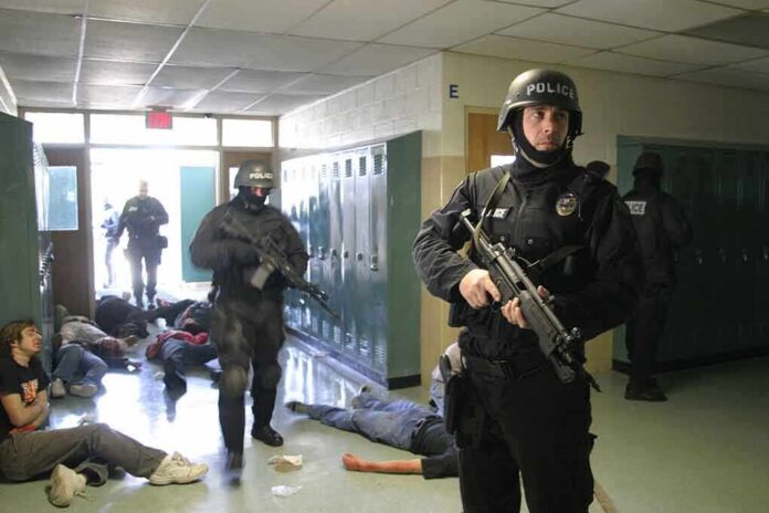 Police officers responding to a school emergency with students on the floor