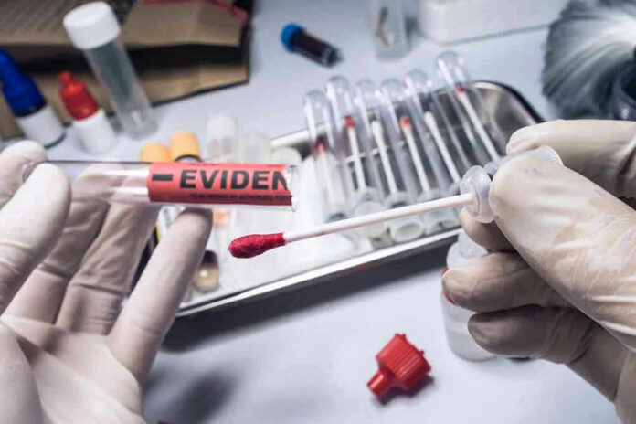 Gloved hands holding evidence swab in laboratory.