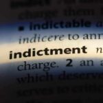 Close-up of a dictionary page showing the definition of 'indictment'