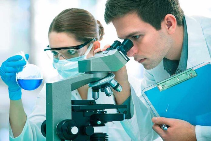 Two scientists conducting an experiment in a laboratory, one looking through a microscope and the other holding a flask with blue liquid