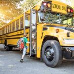 Horror Train-School Bus Collision! A child with a backpack boarding a yellow school bus