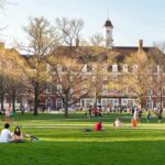 Students relaxing on a campus quad in front of a brick academic building