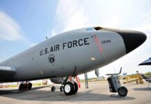 U.S. Air Force tanker aircraft on display at an airfield