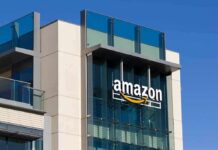 amazon logo on modern glass office building