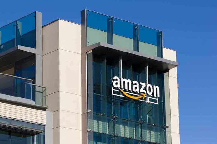 amazon logo on modern glass office building