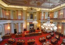 Legislative chamber with red carpet and chandeliers