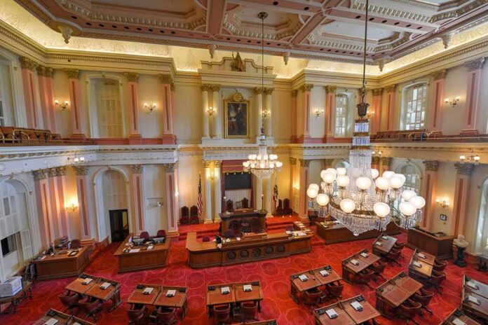 shutterstock_207305371 Legislative chamber with red carpet and chandeliers
