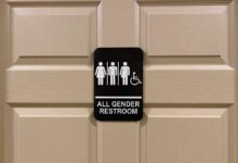 Campus Culture War Misses the Real Play All-gender restroom sign on a beige paneled door