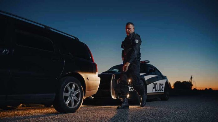 Police officer standing near patrol car during twilight traffic stop