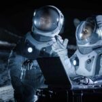 Two astronauts in spacesuits review data on a laptop on a moonlike surface at night