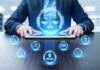 Businessperson using tablet with digital justice icons