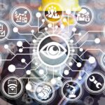 Humanoid Crosses Line – Jobs On Notice central eye icon with connected technology symbols over a worker in a hard hat