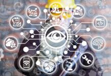 central eye icon with connected technology symbols over a worker in a hard hat