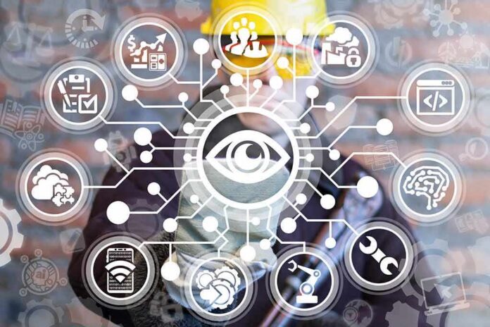 central eye icon with connected technology symbols over a worker in a hard hat