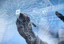 hands interacting with a digital AI interface