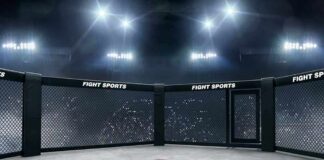Empty MMA octagon under bright arena lights