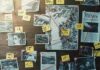 investigation board with photos, notes, and red string connections