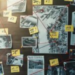 investigation board with photos, notes, and red string connections