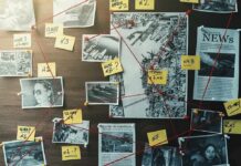 The House at the Center of 7 Disappearances investigation board with photos, notes, and red string connections