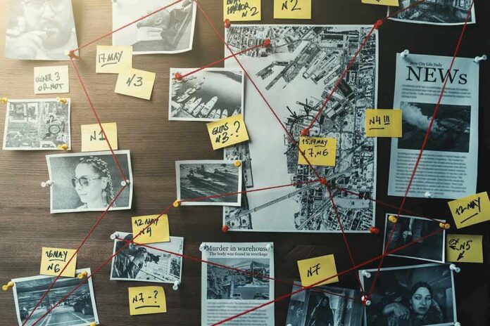 investigation board with photos, notes, and red string connections