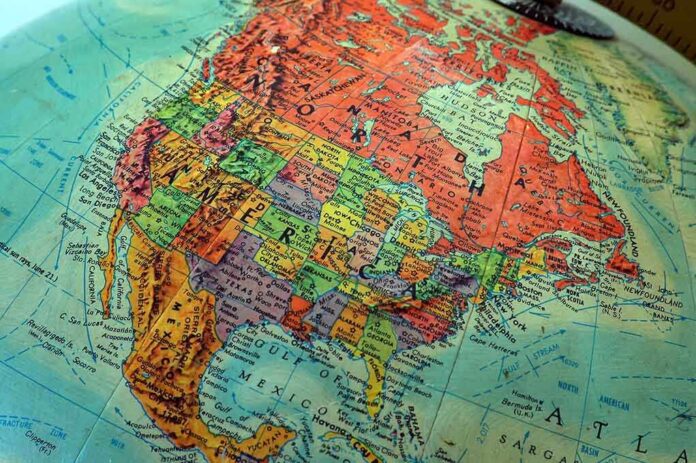 Close-up of a vintage globe highlighting North America
