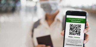 person holding smartphone showing vaccination certificate QR code