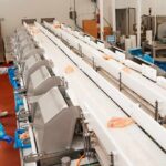 Workers in protective gear at a food processing conveyor line