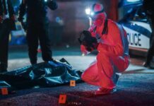 forensic investigator photographs crime scene evidence at night