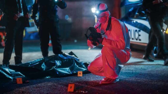 shutterstock_2230645973 forensic investigator photographs crime scene evidence at night